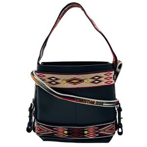 CHRISTIAN DIOR BLACK / RED DIORODEO SMALL LEATHER HOBO SHOULDER BAG